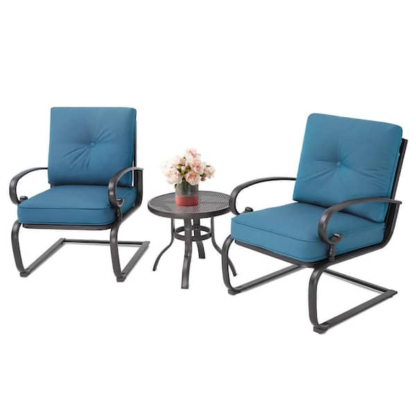 Suncrown 3-Piece Spring Metal Outdoor Bistro Set with Blue Cushions