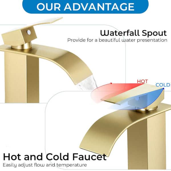 Waterfall Spout Single Handle Single Hole Bathroom Faucet with Deckplate and Pop-up Drain in Brushed Gold