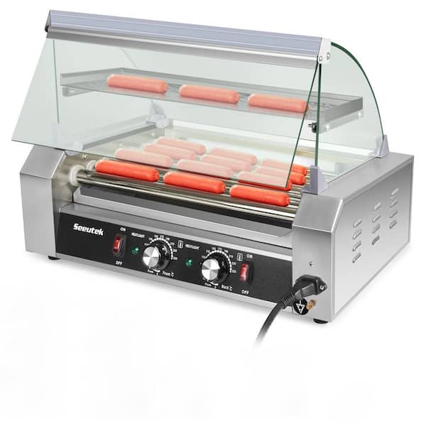 SEEUTEK Silver Specialty Grill Hot Dog Roller 1100W 18 Hot Dogs 7 Rollers Sausage Grill Cooker Machine with Dual Temp