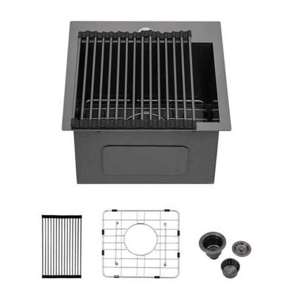 Unbranded Gunmetal Black 18-Gauge Stainless Steel 15 in. L 15 in. 1- Hole Drop in Bar Sink in Black with Drain Assembly
