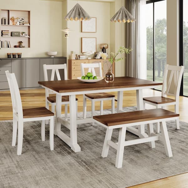 6 Pieces Dining Table Set with Bench, Wood Rectangle Table, 4  Chairs and Bench with Cushion, Kitchen Table Chairs Set for 6 Persons  (Gray) - Table & Chair Sets