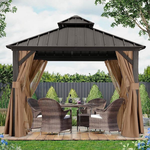 8 ft. x 8 ft. Khaki Patio Hardtop Gazebo Galvanized Steel Double Roof Aluminum Pavilion with Netting and Curtain