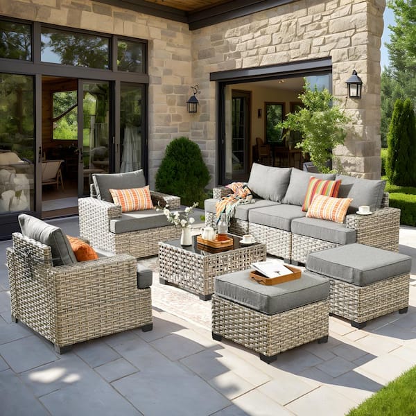 HOOOWOOO Kelley's 8-Piece Wicker Modern Outdoor Patio Conversation Sofa Seating Set with a LED Table and Dark Grey Cushions