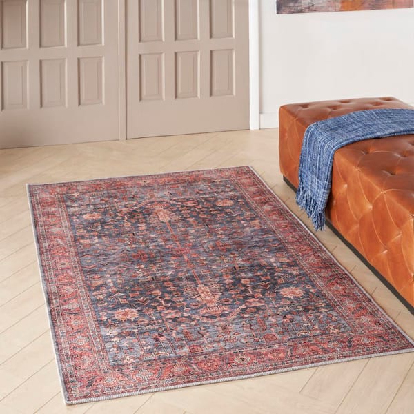Machine Washable Brilliance Navy/Brick 4 ft. x 6 ft. Floral Traditional Area Rug