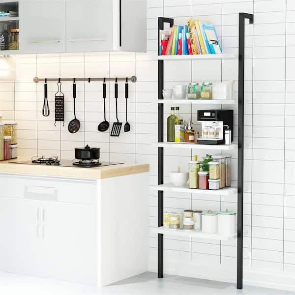 Aoibox 4 in. H White Black Indoor MDF Industrial Ladder Shelf with Metal Frame Open Display Rack Storage Shelves, Bookcase