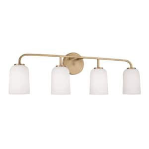 32.25 in. W x 9.75 in. H 4-Light Vanity Light in Aged Brass with Soft White Glass