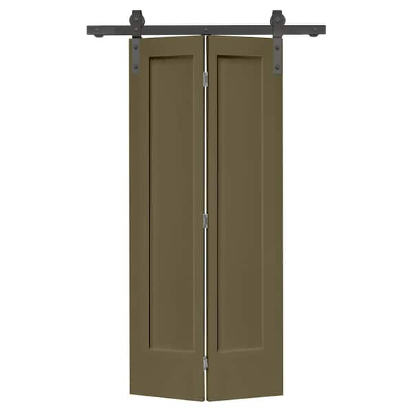 CALHOME 24 in. x 80 in. 1 Panel Shaker Olive Green Painted MDF Composite Bi-Fold Barn Door with Sliding Hardware Kit