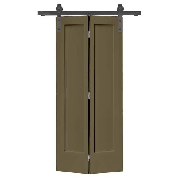 CALHOME 36 in. x 80 in. 1 Panel Shaker Olive Green Painted MDF Composite Bi-Fold Barn Door with Sliding Hardware Kit