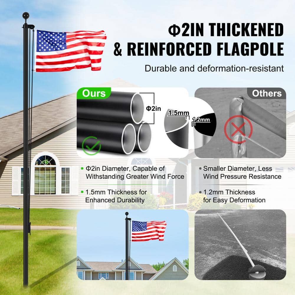 25ft Black Aluminum Garden Flagpole with American Flag