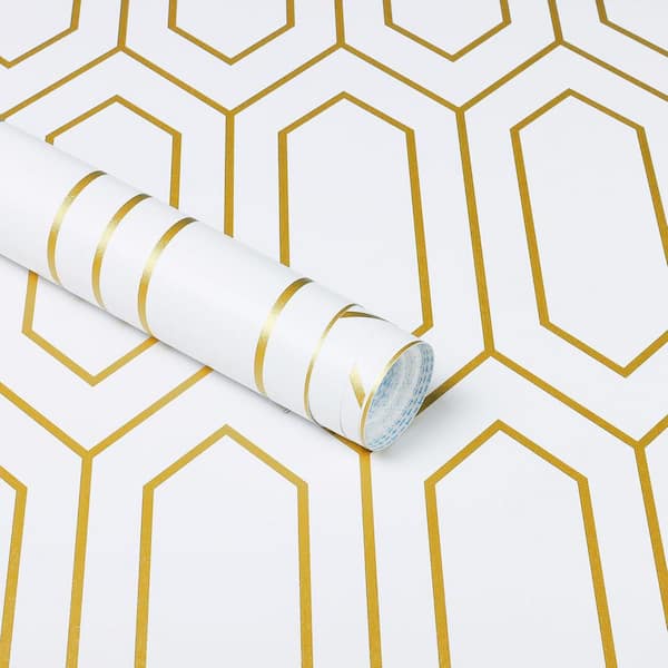 White and Gold Geometric Contact Paper Removable Peel and Stick Wallpaper Roll Set of 5