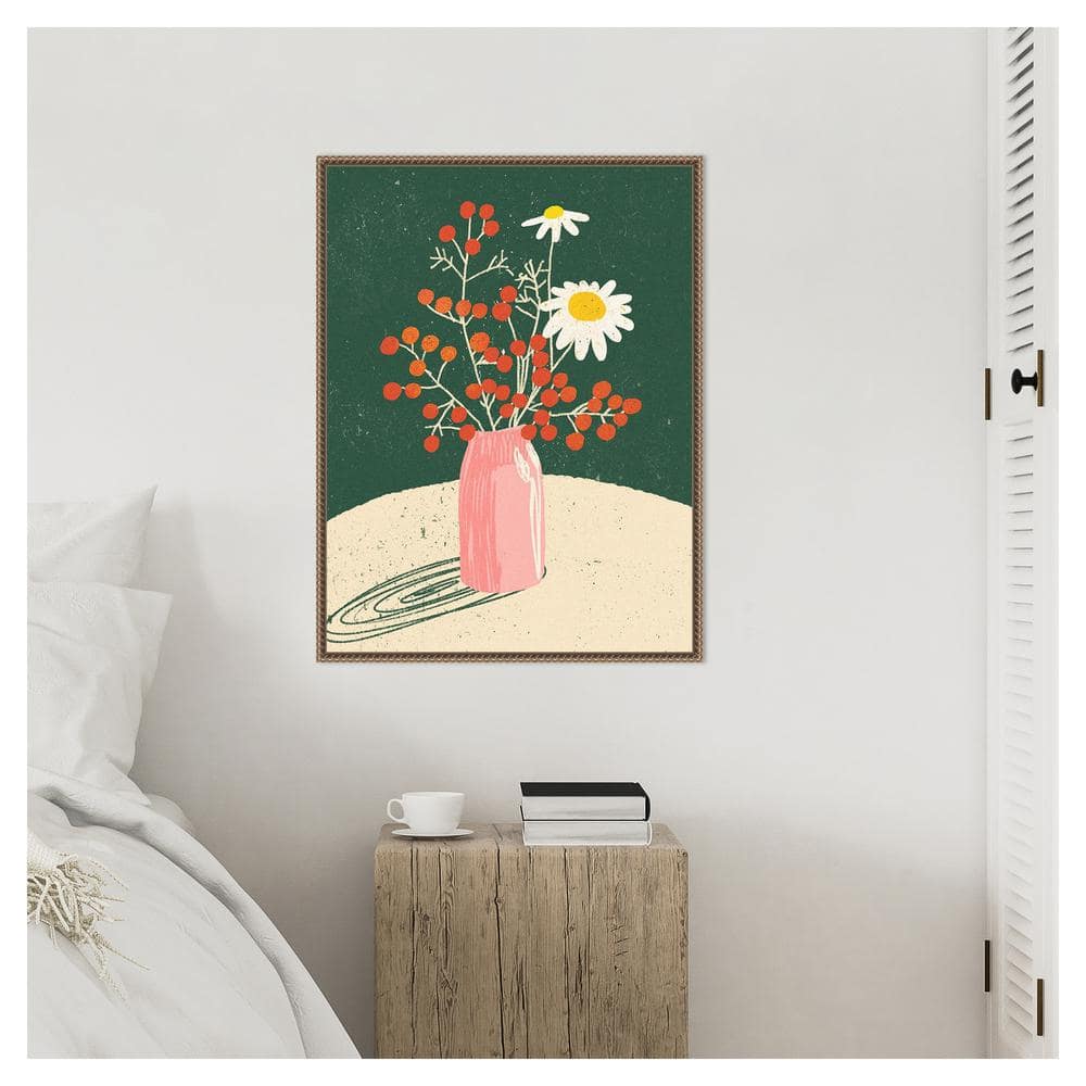 Beaded Bronze Framed Botanical Canvas Print with Pink Vase