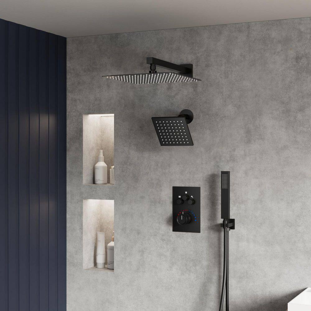 Thermostatic 7-Spray 12 in. and 6 in. Wall Mount Shower System with Hand Shower 2.5 GPM in Matte Black(Valve Included) price history on PriceWatchPro
