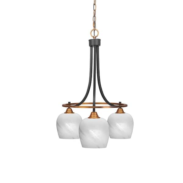 Unbranded Madison 3-Light Matte Black and Brass Round Chandelier with 6 in. White Marble Glass Shades, No bulbs included