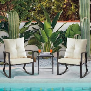 3-Piece Rocking Metal Outdoor Bistro Set with Glass Coffee Table and Beige Cushions for Garden, Balcony, Pool, Backyard