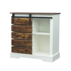 White and Rustic Dark Oak Side Cabinet Buffet Sideboard with Sliding Barn Door and Interior Shelves
