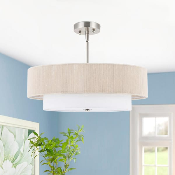 4-Light Brushed Nickel Drum Shaded Flush Mount Chandelier with Rope and Fabric Shades