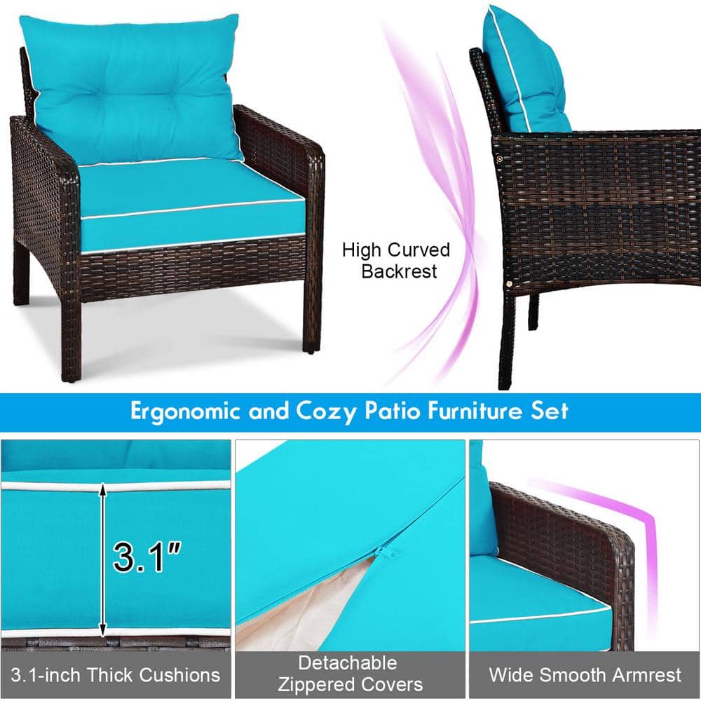 Turquoise 5-Piece Outdoor Rattan Conversation Set with Cushions
