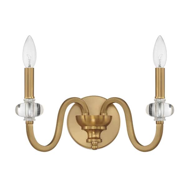Savoy House Bergdorf 14 in. W x 7.75 in. H 2-Light Warm Brass Traditional Wall Sconce with Glass Accents