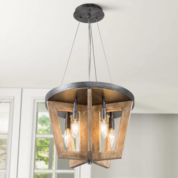 Uolfin 5- Light Unique/Statement Brown Wood Chandelier Ceiling Semi-Flush Mount Fixture