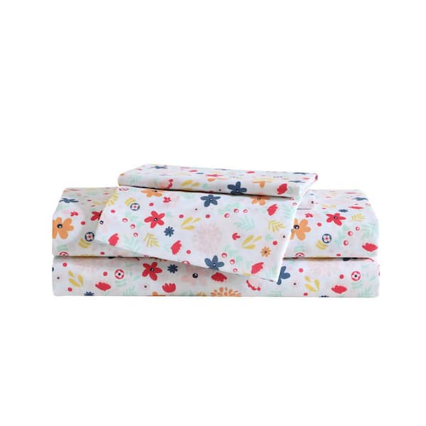 Colorful Floral 4-Piece White/Pink/Yellow Microfiber Queen Sheet Set