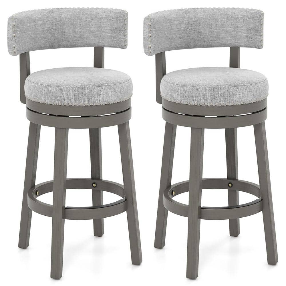 Gymax 31 in. Grey Set of 2 Upholstered Swivel Bar Stools Wooden
