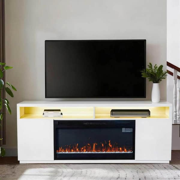 68 in. Freestanding Fireplace TV Stand for TVs Up to 75 in. with 36 in. Electric Fireplace Insert in White