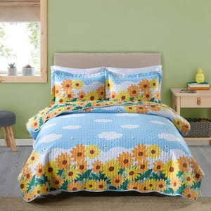 TYH Yellow Sunflower Full Size Cotton Quilt Bedspread Set