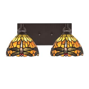 Albany 16.25 in. 2-Light Espresso Vanity Light with Amber Dragonfly Art Glass Shades