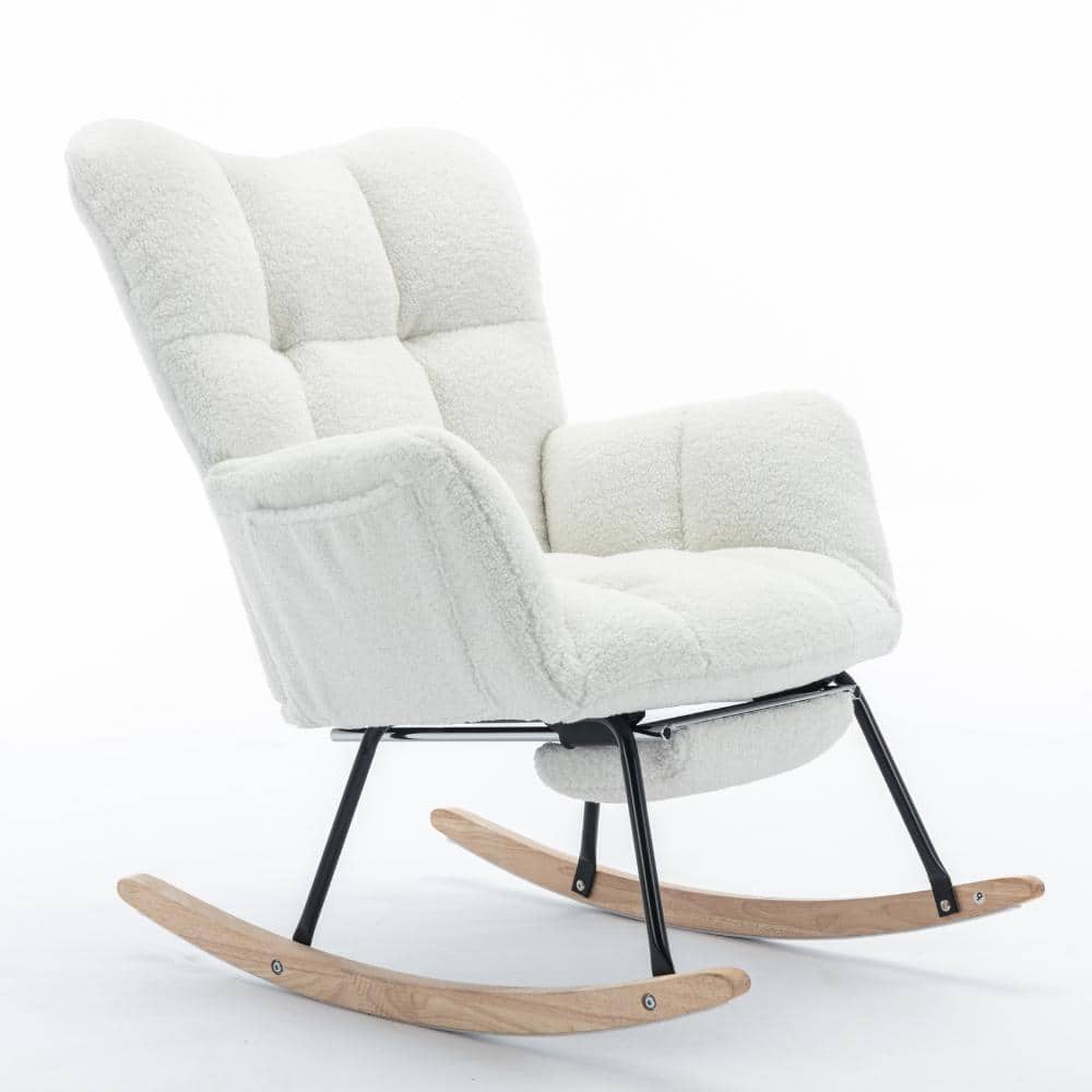 Ivory Teddy Fabric Rocking Arm Chair with Adjustable Footstool, High Backrest, Side Pocket, Solid Wood & Metal Base