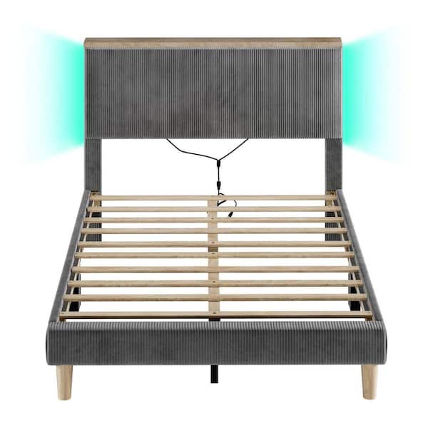 Bestier Light Gray Wood Frame Full Platform Bed Upholestered Headboard with LED Lights