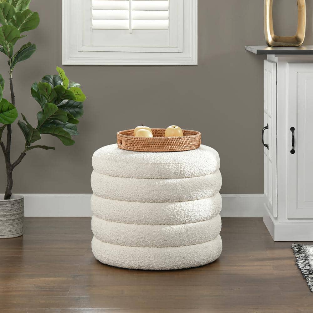Ivory White 19" Round Boucle Storage Ottoman