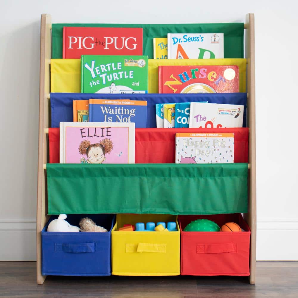 Natural Wood Kids Bookshelf with Primary Colored Fabric Bins