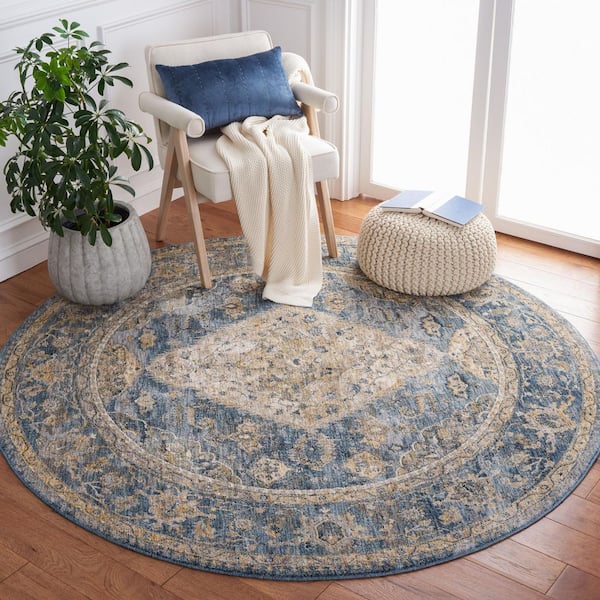 Valencia 6 ft. x 6 ft. Blue/Gold Oriental Border Round Area Rug