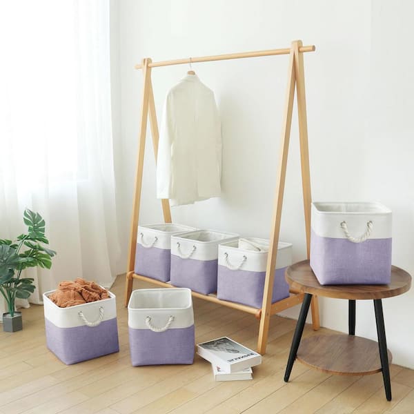 Purple 11 in. x 11 in. Linen Decorative Basket with Cotton Handles Set of 6