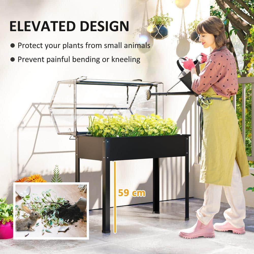 Black Steel Raised Garden Bed with Clear Greenhouse Cover