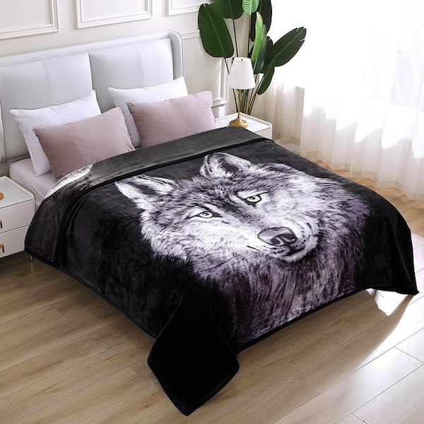 JML Black White Wolf 75 in. x 87 in. Reversible Printed Polyester