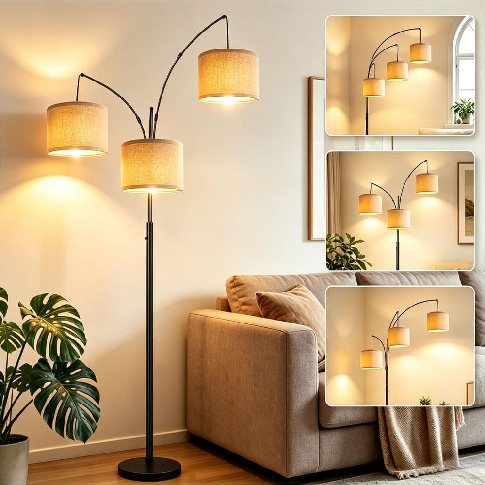 BICIK 80 in. Mid-Century Modern 3-Light Adjustable LED Black Arc