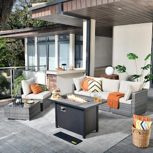 Messi Gray 6-Piece Wicker Outdoor Patio Conversation Sectional Sofa Set with a Metal Fire Pit and Beige Cushions
