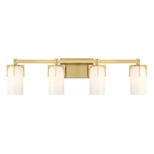 Caldwell 32 in. 4-Light Warm Brass Bathroom Vanity Light with Etched White Opal Glass Shades