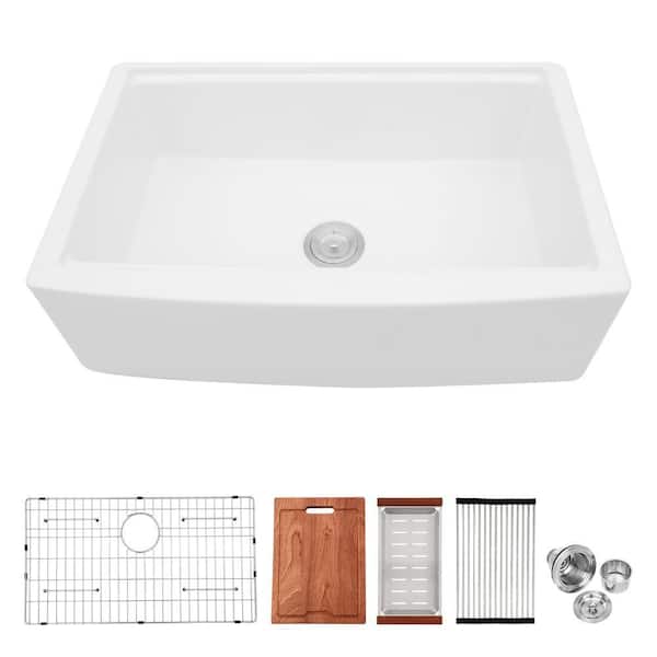 33 in. Farmhouse/Apron-Front Single Bowls Ceramic Kitchen Sink with Accessories, 3. 5 mm Downdraft Hole, Anti-Scratch