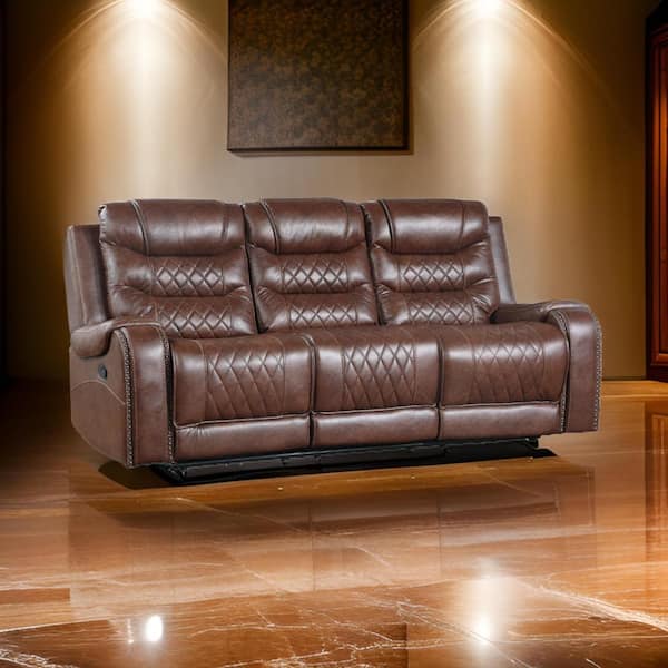 Benjara Paul Collection 86.5 in. Rolled Arm Faux Leather Rectangle Recliner with Drop Table Cupholders Sofa in Brown