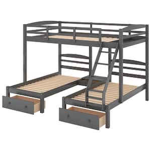 Gray Full Over Twin and Twin Bunk Bed, Triple Bunk Bed with Drawers