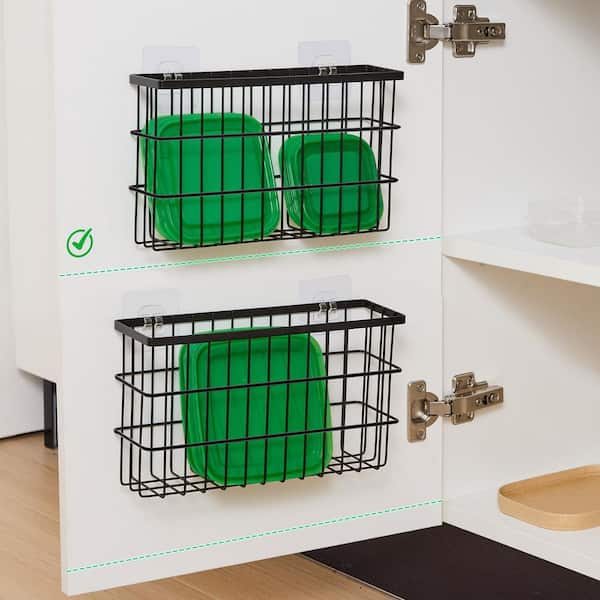 2-Pack Black Wall Mounted Self Adhesive Cabinet Door Hanging Storage Basket for Kitchen, Fridge, Bathroom