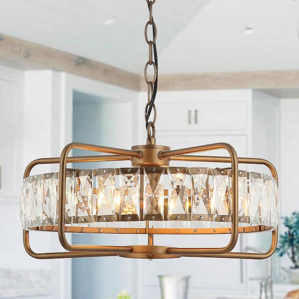 Parrot Uncle 17 in. 4-Light Gold Modern Crystal Drum Chandelier with Geometric Metal Frame