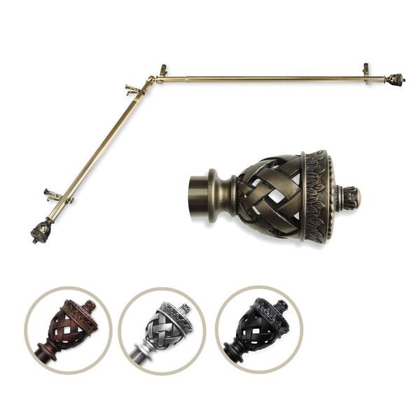 Rod Desyne 13/16" Dia Adjustable 120" to 170" Single Corner Window Curtain Rod in Antique Brass with Arielle Finials