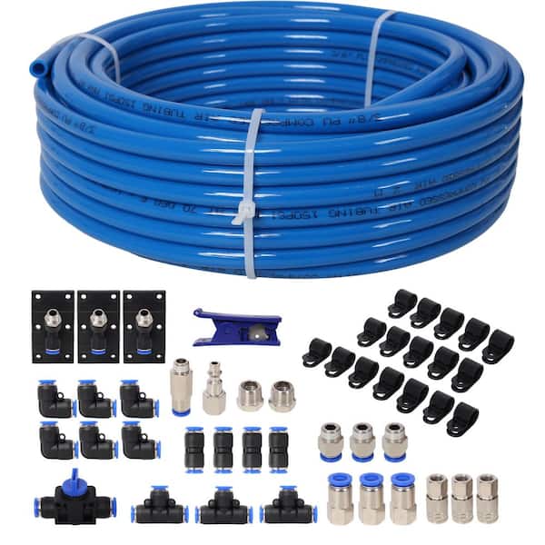 Blue Tubing Complete 3/8 in. (OD) x 60-Feet PU Tubing, Garage Air Compressor Accessories Master Kit
