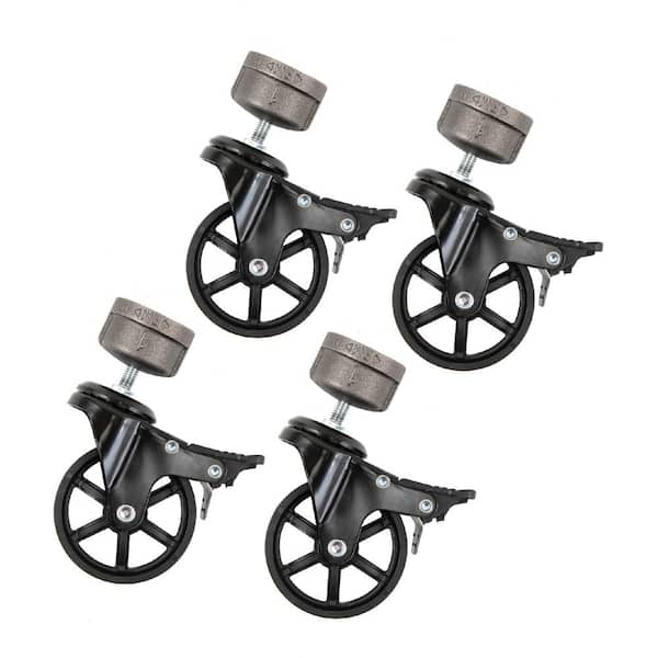 PIPE DECOR 1 in. Black Malleable Iron Cap Fitting with 3 in. Caster Wheel for Pipe Furniture (4-Pack)