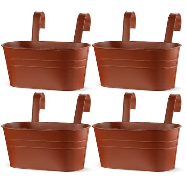 4 Pcs Metal Hanging Flower Pots ,Hanging Planters for Outdoor Window Balcony Plants Holder with Hooks,Copper-brown
