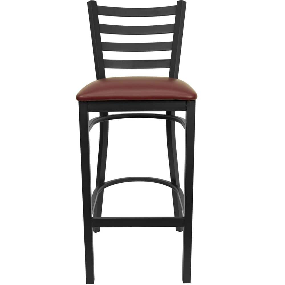 Black Metal Ladder Back Bar Stool with Burgundy Vinyl Seat