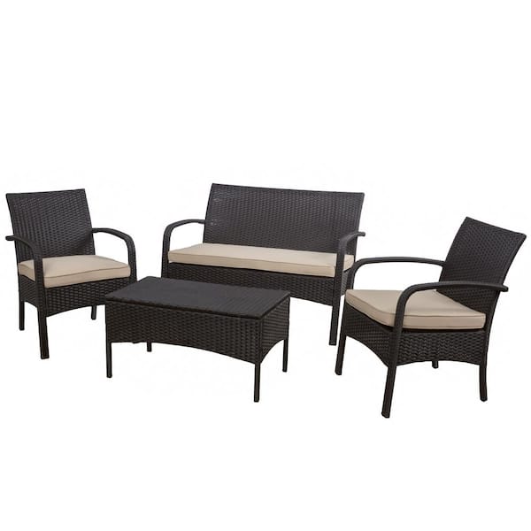 Cordoba Brown 4-Piece Faux Rattan Outdoor Patio Conversation Set with Tan Cushions
